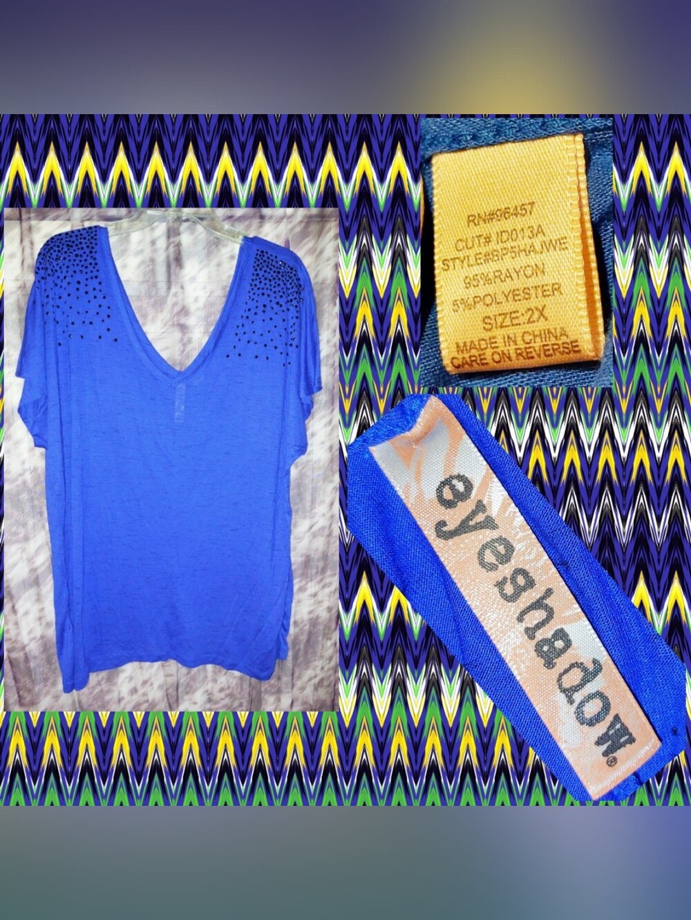 Eyeshadow Royal Blue/Black Speckled Print V-Neck Knit Top w/Studded Shoulders 2X